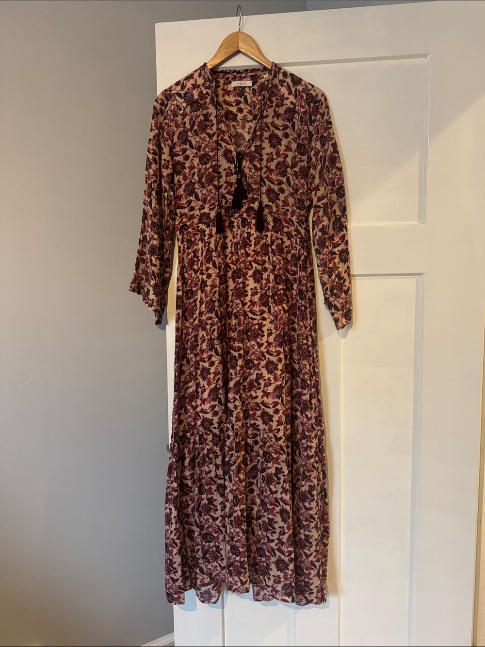 Doen Burgundy and Cream Floral Tassel Maxi Dress